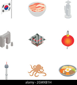 South Korea icons set, isometric 3d style Stock Vector