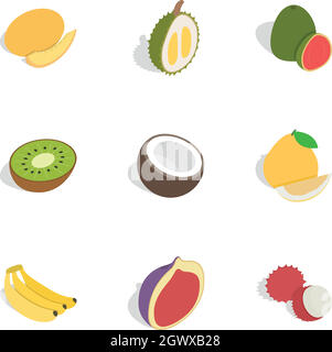 Tropical fruits icons, isometric 3d style Stock Vector
