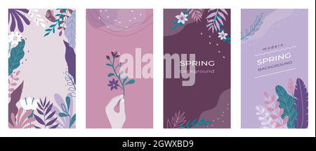 Abstract flowers Social media stories organic spring backgrounds set with modern color combinations, shapes, flowers, plants and hand, vertical format For advertising, branding vector illustration. Stock Vector