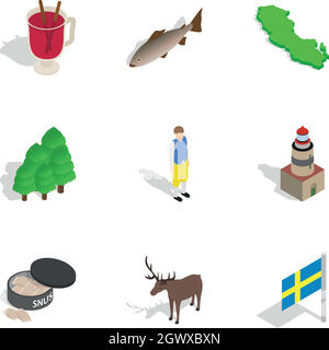 Travel to Sweden icons set, isometric 3d style Stock Vector