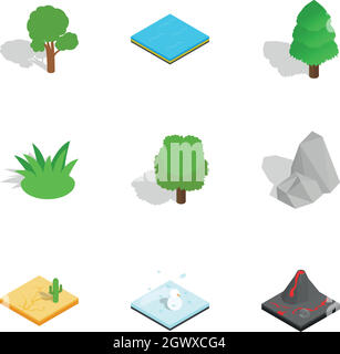 Natural landscape icons set, isometric 3d style Stock Vector