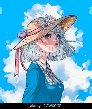 anime girl in a blue dress and hat with flowers against the sky Stock Vector