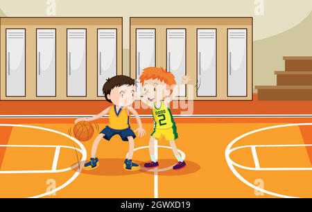 Two boys playing basketball in the gym Stock Vector