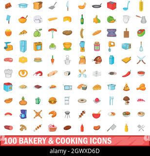 100 bakery and cooking icons set, cartoon style Stock Vector