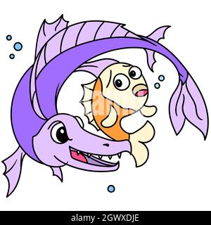 the evil fish tries to kill the sad and scared little fish, doodle icon ...