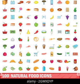 100 natural food icons set, cartoon style Stock Vector