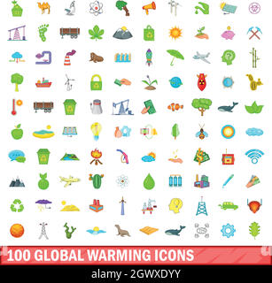 100 global warming icons set, cartoon style Stock Vector