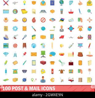 100 post and mail icons set, cartoon style Stock Vector