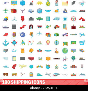 100 shipping icons set, cartoon style Stock Vector