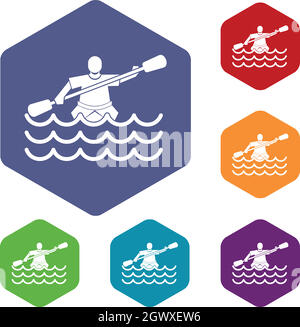 Male athlete in a canoe icons set Stock Vector