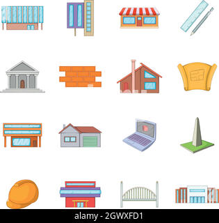 Architecture items icons set, cartoon style Stock Vector