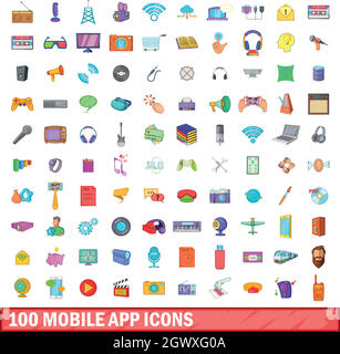 100 mobile app icons set, cartoon style Stock Vector