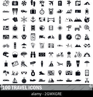 100 travel icons set in simple style Stock Vector