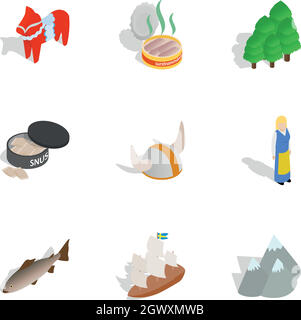 Symbols of Sweden icons set, isometric 3d style Stock Vector