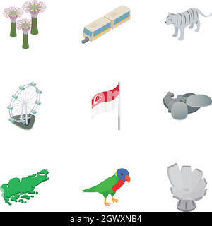 Singapore cultural icons set, isometric 3d style Stock Vector