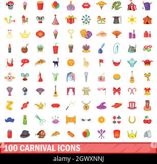 100 carnival icons set, cartoon style Stock Vector