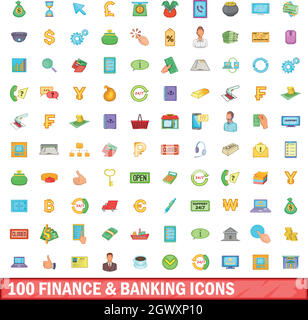 100 finance and banking icons set, cartoon style Stock Vector