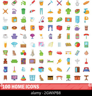 100 home icons set, cartoon style Stock Vector
