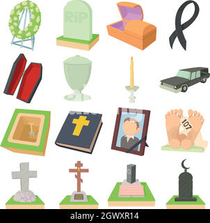 Funeral icons set, cartoon style Stock Vector