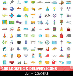 100 logistic and delivery icons set, cartoon style Stock Vector