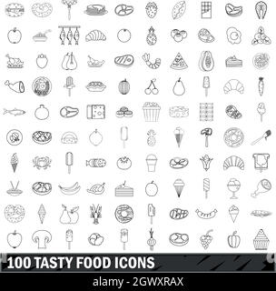 100 tasty food icons set, outline style Stock Vector