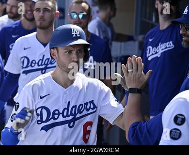 Trea Turner of the Los Angeles Dodgers in the dugout prior to a