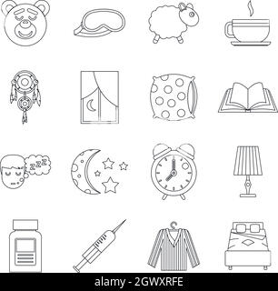 Sleep icons set, outline style Stock Vector