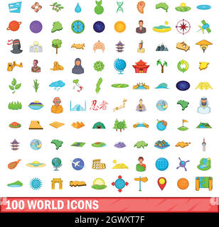 100 world icons set, cartoon style Stock Vector