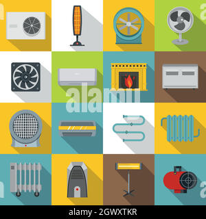 Heating cooling air icons set, flat style Stock Vector