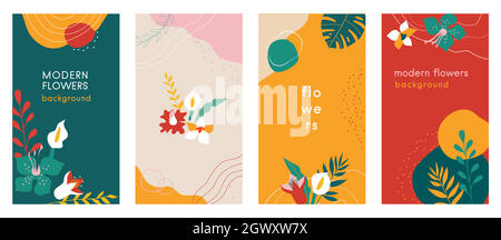 Abstract flowers Social media stories organic backgrounds set with modern color combinations, shapes, flowers and plants, monstera leaves, vertical format For advertising, branding vector illustration Stock Vector