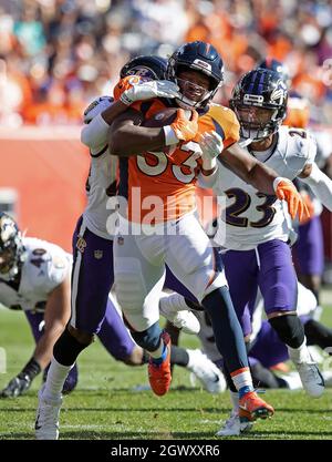 September 18, 2022: Denver Broncos running back Javonte Williams (33)  hurdles Houston Texans cornerback Desmond King II (25) in the football game  between the Denver Broncos and Houston Texans at Empower Field