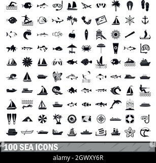100 sea icons set in simple style Stock Vector