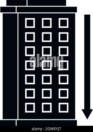 Tall building and down arrow icon, simple style Stock Vector