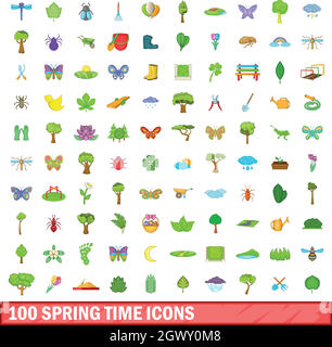 100 spring time icons set, cartoon style Stock Vector