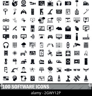 100 software icons set in simple style Stock Vector
