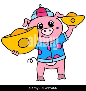 lunar celebration pigs carrying treasures of gold bullion Stock Vector