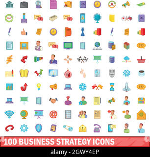 100 business strategy icons set, cartoon style Stock Vector