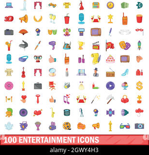 100 entertainment icons set, cartoon style Stock Vector