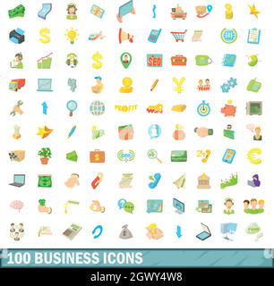 100 business icons set, cartoon style Stock Vector