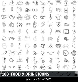 100 food and drink icons set, outline style Stock Vector