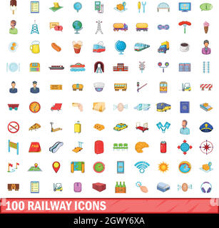 100 railway icons set, cartoon style Stock Vector