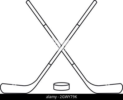 Hockey sticks and puck icon, outline style Stock Vector