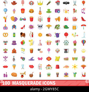 100 masquerade icons set, cartoon style Stock Vector