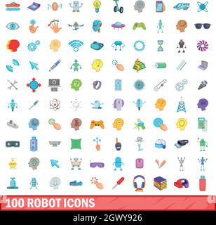 100 robot icons set, cartoon style Stock Vector