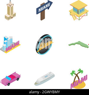 Miami holidays icons set, isometric 3d style Stock Vector