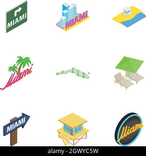 Welcome to Miami icons set, isometric 3d style Stock Vector