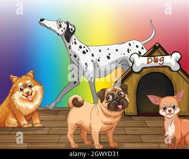 Domestic dogs cartoon character on rainbow gradient background illustration Stock Vector