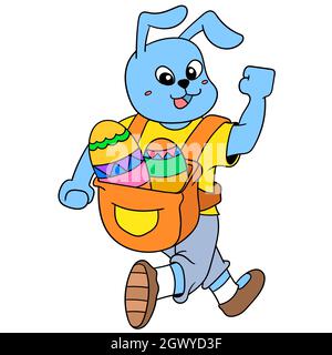rabbit walking happily celebration easter carrying a bag filled with decorative eggs Stock Vector