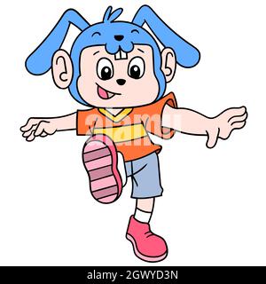 the boy walks happily wearing a bunny hat celebrating easter Stock Vector