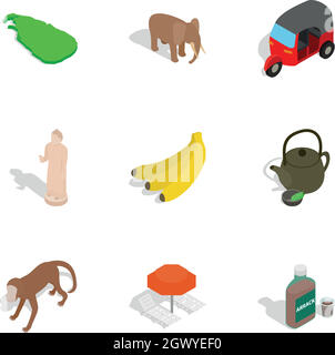 Sri Lanka cultural icons set, isometric 3d style Stock Vector